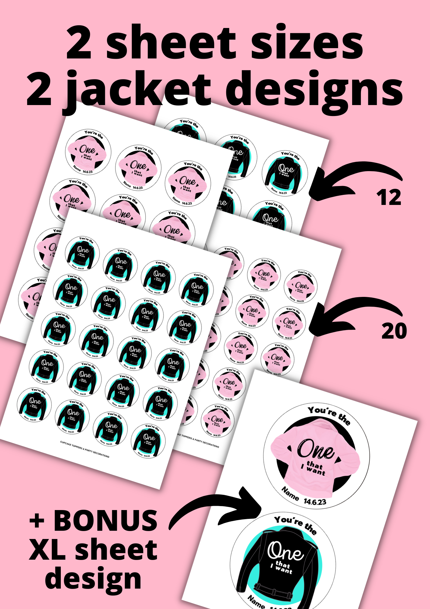 1st B'day Grease Favor Sticker circles PRINTABLE Pink Ladies T-birds Party decor tags labels cake topper DIY 50s themed ONE Birthday greaser Rock'n'roll Sock Hop Retro 50s fifties Soda hop Jukebox instant digital download