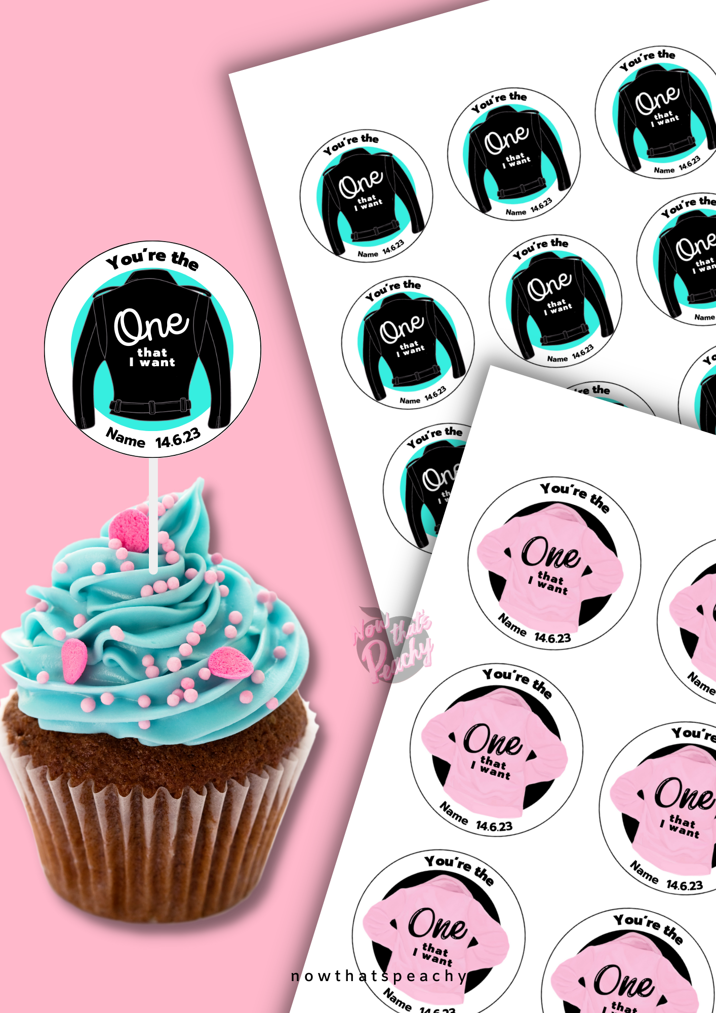 1st B'day Grease Favor Sticker circles PRINTABLE Pink Ladies T-birds Party decor tags labels cake topper DIY 50s themed ONE Birthday greaser Rock'n'roll Sock Hop Retro 50s fifties Soda hop Jukebox instant digital download