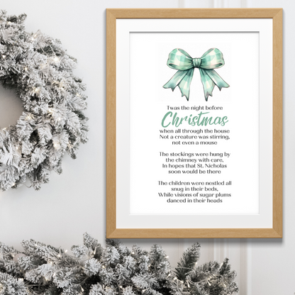 Twas the Night Before Christmas Printable Poster poem in black frame next to pretty festive tree for Christmas home Decor in pastel mint green gingham Check  Bow Design