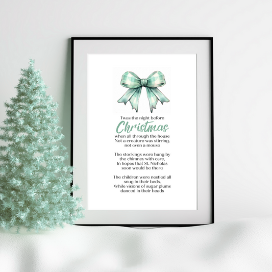 Twas the Night Before Christmas Printable Poster poem in black frame next to pretty festive tree for Christmas home Decor in pastel mint green gingham Check  Bow Design