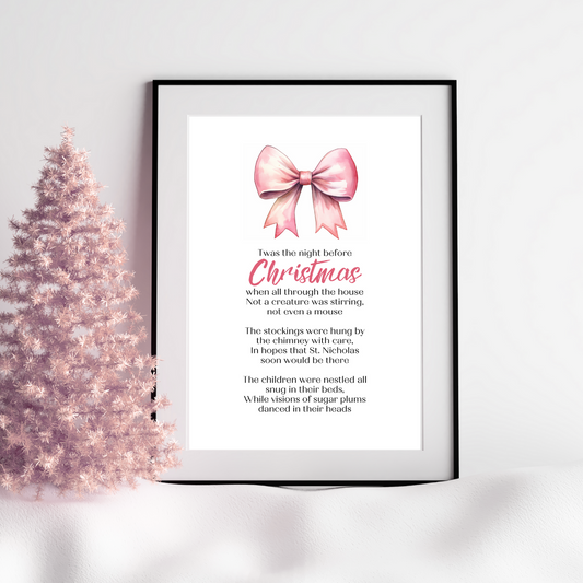 Twas the Night Before Christmas Printable Poster poem in black frame next to pretty festive tree for Christmas home Decor in classic Pastel Pink Pretty  Bow Design