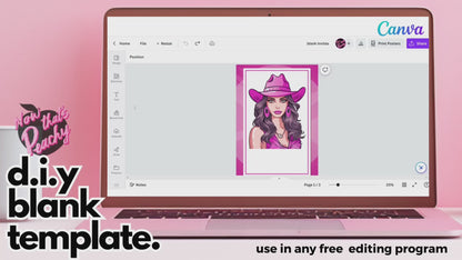 Illustrated Cowgirl with Pink Cowboy Hat Theme DIY Birthday Party Invitation Blank Template Versatile Blank Template - Custom 5x7 Digital Design Pinkcore blank template, Barbiecore blank invite, Cowprintrodeo girl art, western bachelorette template, Canva birthday templates, country girl western themed birthday party template, Rodeo blank poster, Southwestern style birthday party blank invite, Wild West party, Vintage cowgirl template, Boho cowgirl blank template, Prairie chic style Preppy blank template