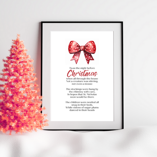 Twas the Night Before Christmas Printable Poster poem in black frame next to pretty festive tree for Christmas home Decor in red spot watercolor  Bow Design