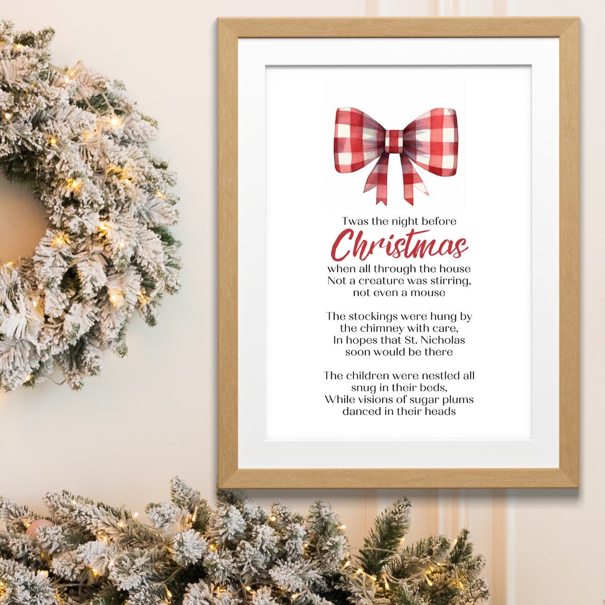Twas the Night Before Christmas Printable Poster in wood frame for DIY home Decor next to pretty festive wreath fireplace