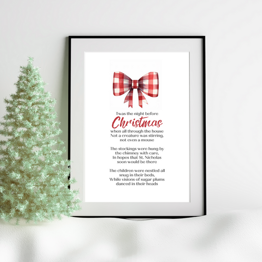 Twas the Night Before Christmas Printable Poster in black frame for home Decor next to pretty festive tree