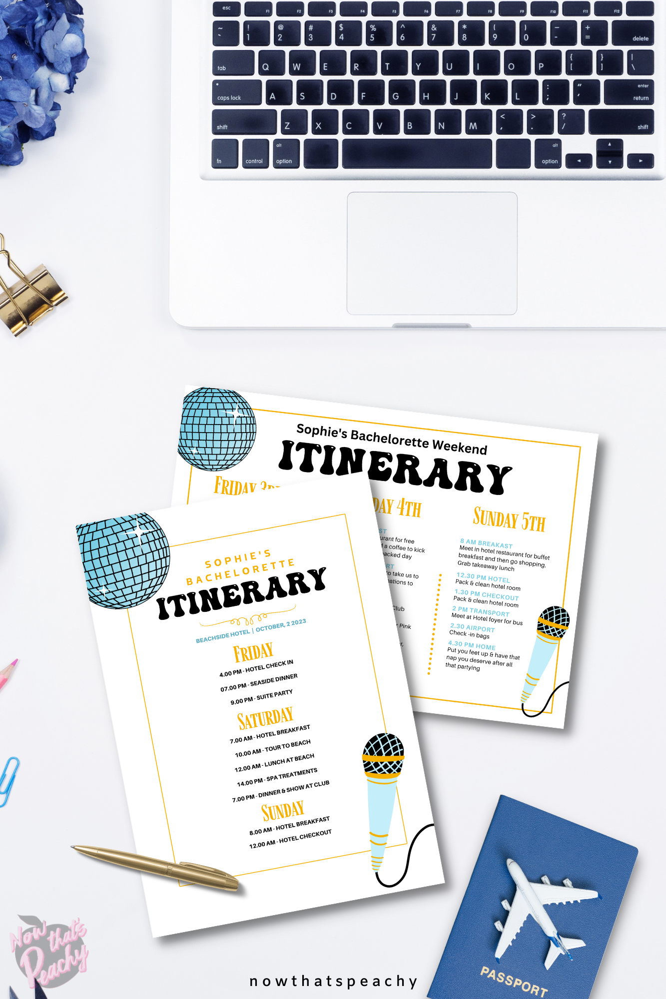 Mamma Mia itinerary getaway 1970s flared denim pants seventies 70's disco ball microphone karaoke studio 54  editable canva printable template digital instant download edit sophie Donna and the dynamos invite edit custom musical movie design gold blue white modern color