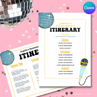 Mamma Mia itinerary getaway 1970s flared denim pants seventies 70's disco ball microphone karaoke studio 54  editable canva printable template digital instant download edit sophie Donna and the dynamos invite edit custom musical movie design gold blue white modern color