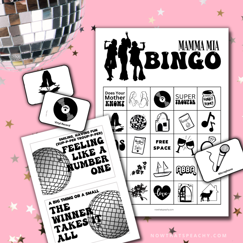 Mamma Mia bingo card game package 1970s flared denim pants seventies 70's disco ball karaoke  printable template digital instant download edit Donna and the dynamos invite edit custom musical movie design black white modern color fun themed bachelorette birthday charity event activity