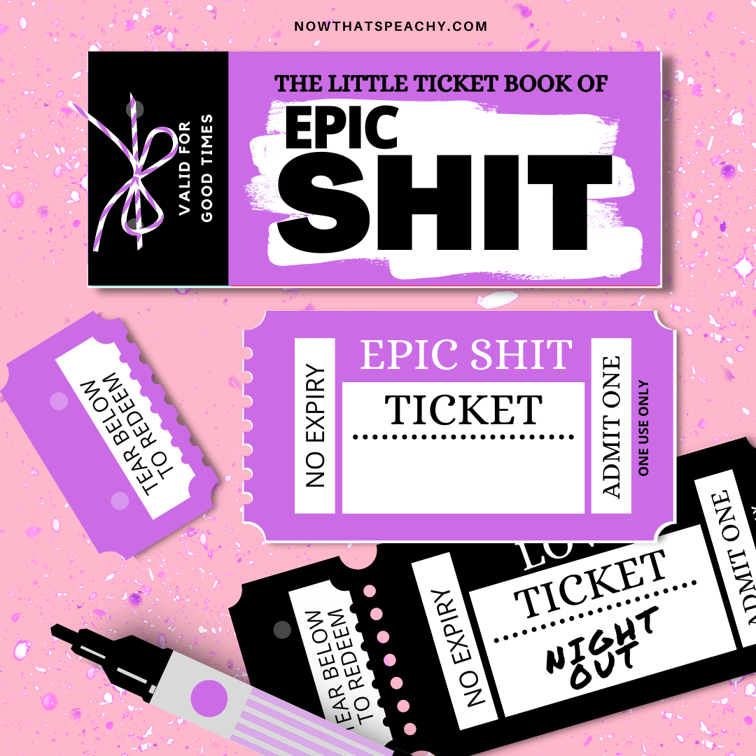 Shop for The Little Book of EPIC SHIT Ticket Voucher Coupon book printable DIY Template Blank fun activity bestie BFF friends couple date night treat appreciation print off valentines anniversary birthday wife husband digital download fun cheeky silly idea present print off funky purple retro vintage y2k theme x-rated boyfriend girlfriend partner Mrs. Mr Miss lady girl man male female adult anti vday  product shop easy cheap affordable budget personalized custom inspiration present