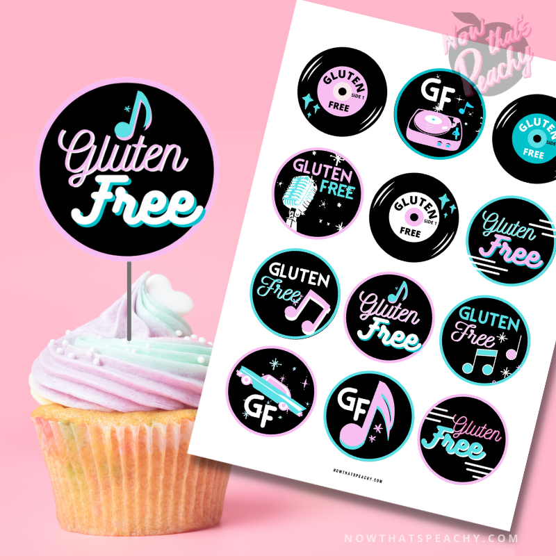 GF DINER Soda Pop 50's PRINTABLE Rock'n'roll Gluten Free cupcake food toppers Retro 1950s Celiac labels Grease Inspired Birthday png circles