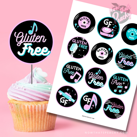 GF DINER Soda Pop 50's PRINTABLE Rock'n'roll Gluten Free cupcake food toppers Retro 1950s Celiac labels Grease Inspired Birthday png circles