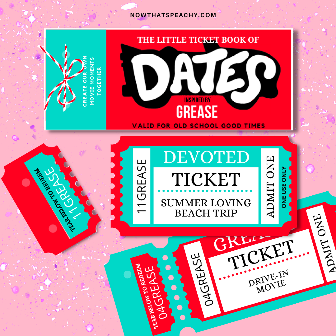 Shop for Grease Movie date night ideas Ticket Voucher Coupon book printable DIY Template couple date night weekend treat appreciation print off musical 70s 50s 1950s diner rocknroll fans valentines anniversary wife husband digital download fun cute idea present Birthday print off retro vintage theme night out boyfriend girlfriend partner mrs mr miss lady girl man male female adult explore anti vday  product shop easy cheap affordable personalized custom wedding bride to be gifts inspiration