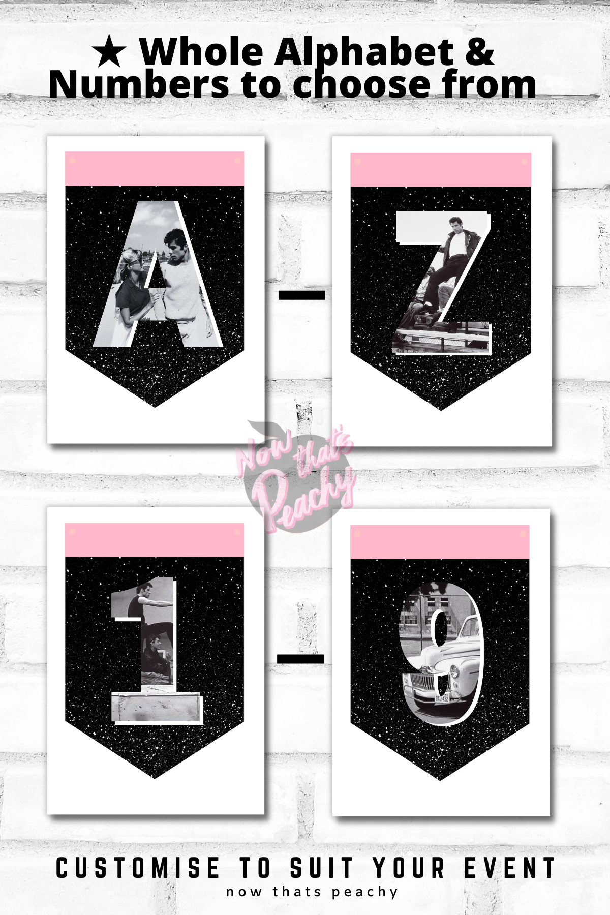 Grease Movie party character garland flag banner prop decorations decor photobooth template decorations 1950s fifties 50's printable template digital instant download edit Danny Sandy T-birds Pink Ladies  invite soda hop jukebox rockabilly rock'n'roll musical movie design pink black white modern color fun themed bachelorette birthday charity fundraiser event pack