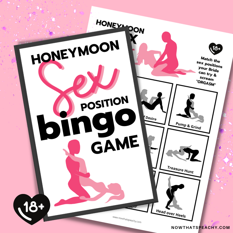 Honeymoon sex position bingo printable digital instant download game for bachelorette parties, hen nights, bride to be events, naughty kitchen teas, bridal showers and all celebrations like weekend away. This sex bingo game is fun, easy to print of and play, lots of players, original adult only 18+ xxx x-rated content card quiz humor rude unique exclusive games nowthatspeachy 1