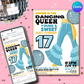 Mamma Mia 1970s flared denim pants seventies 70's disco ball boho hippy studio 54 theme young sweet seventeen 17th editable invitation canva printable template digital instant download edit sophie Donna and the dynamos invite edit custom musical movie design gold blue white modern color