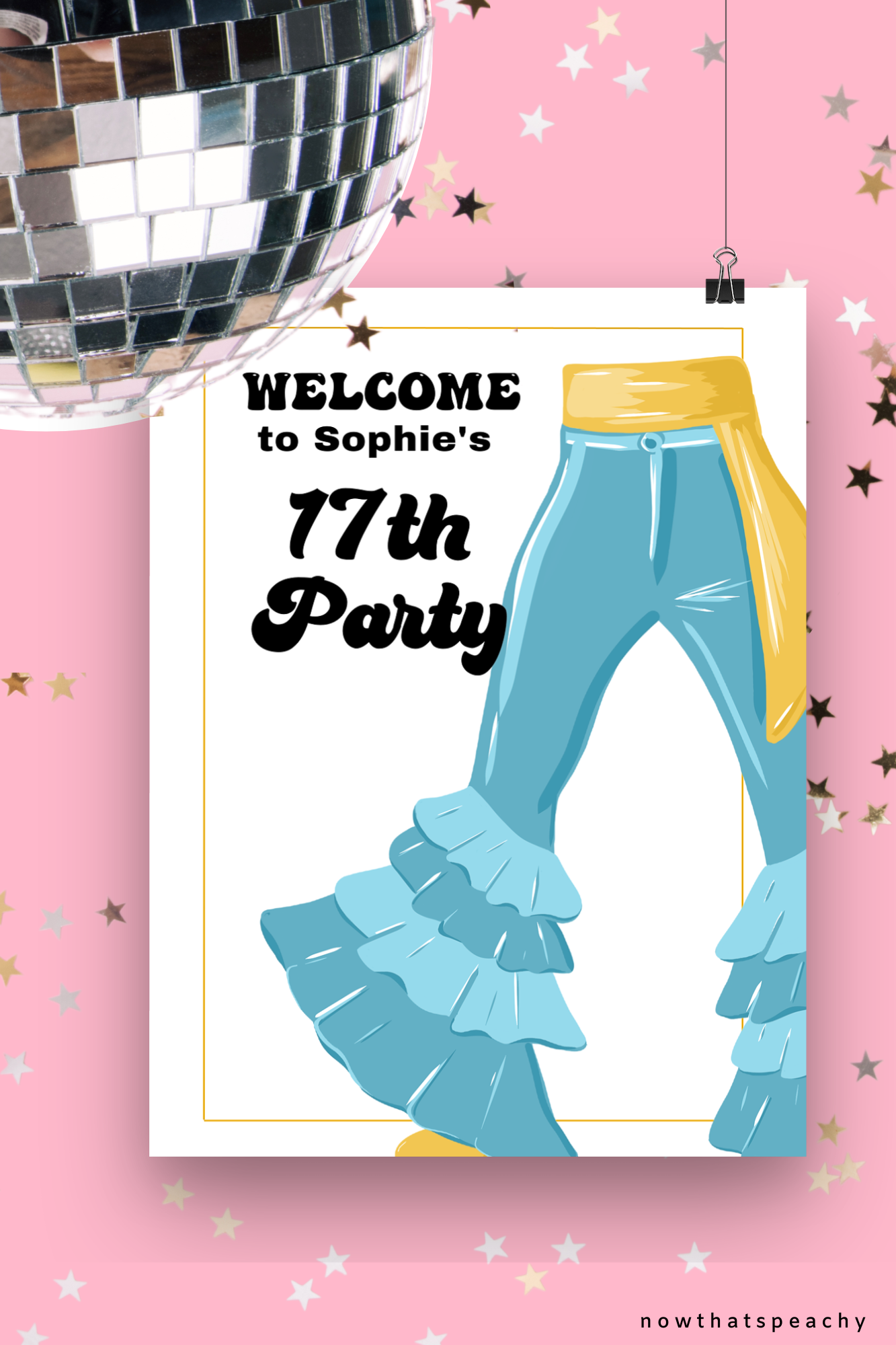 Mamma Mia welcome sign 1970s flared denim pants seventies 70's disco ball karaoke studio 54 editable canva printable template digital instant download edit sophie Donna and the dynamos invite edit custom musical movie design gold blue white modern color fun themed bachelorette birthday event 