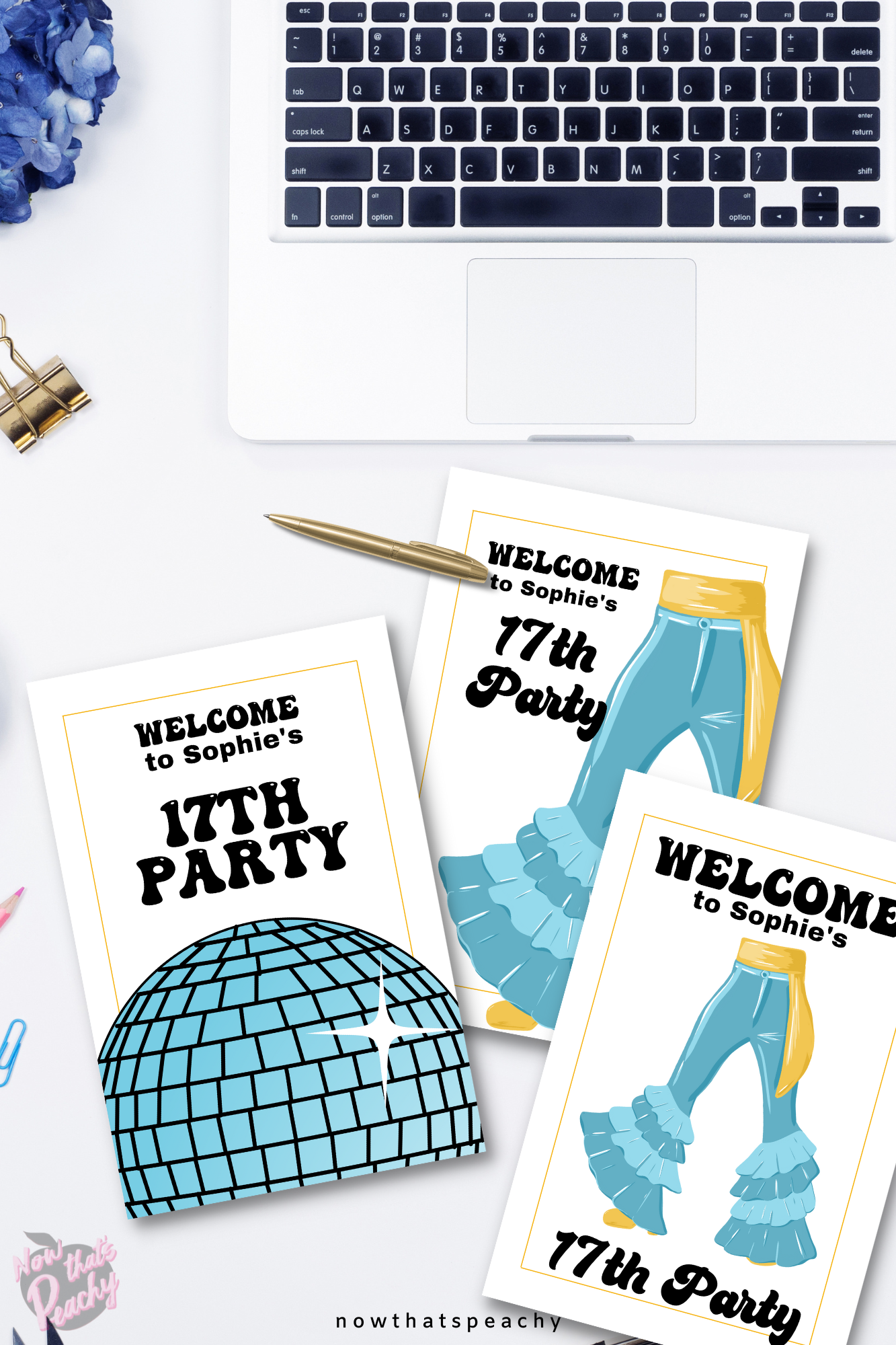 Mamma Mia welcome sign 1970s flared denim pants seventies 70's disco ball karaoke studio 54 editable canva printable template digital instant download edit sophie Donna and the dynamos invite edit custom musical movie design gold blue white modern color fun themed bachelorette birthday event 