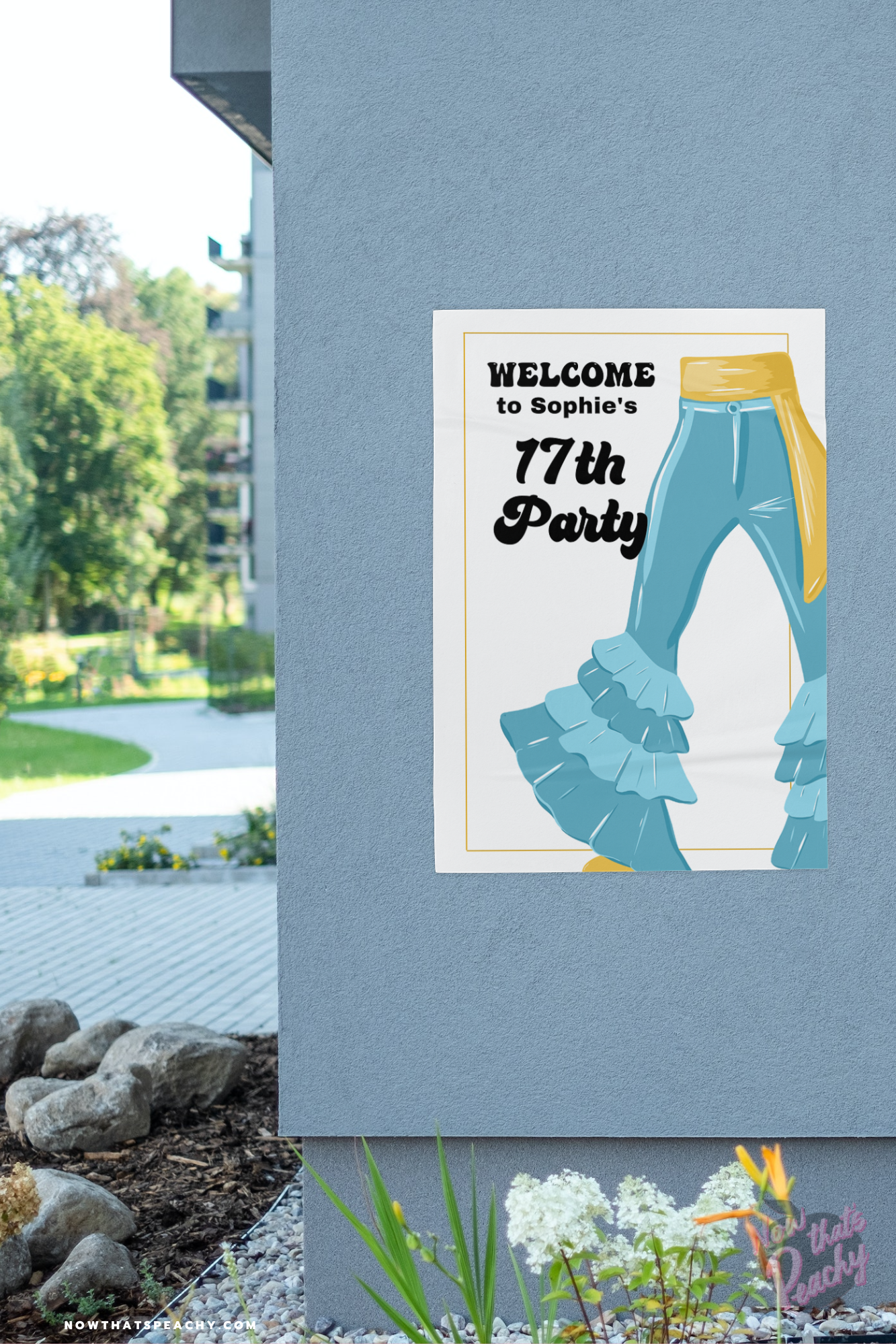 Mamma Mia welcome sign 1970s flared denim pants seventies 70's disco ball karaoke studio 54 editable canva printable template digital instant download edit sophie Donna and the dynamos invite edit custom musical movie design gold blue white modern color fun themed bachelorette birthday event 