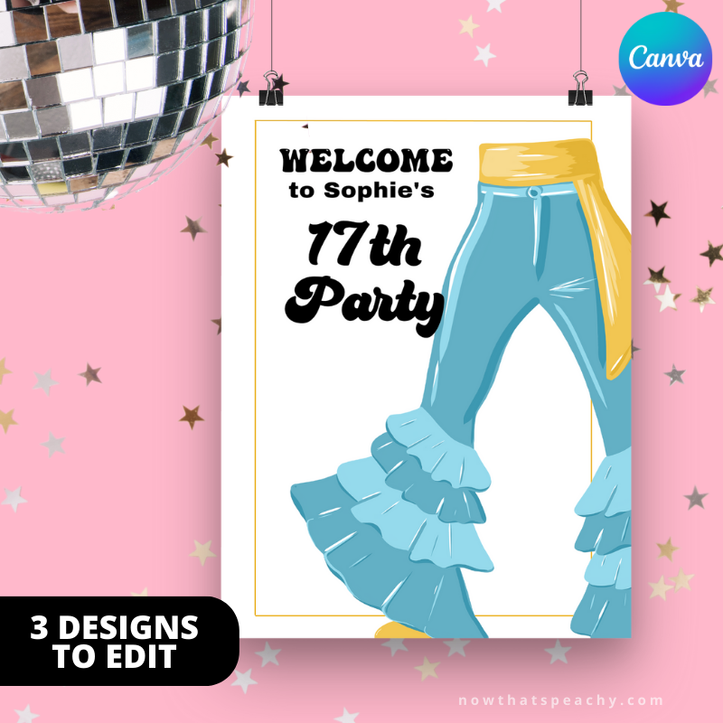 Mamma Mia welcome sign 1970s flared denim pants seventies 70's disco ball karaoke studio 54 editable canva printable template digital instant download edit sophie Donna and the dynamos invite edit custom musical movie design gold blue white modern color fun themed bachelorette birthday event 