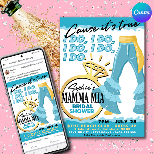 Mamma Mia 1970s flared denim pants disco boho hippy theme bachelorette party hens night bridal shower bride-to-be editable invitation canva printable template digital instant download edit sophie Donna and the dynamos invite edit custom wedding ring design gold blue white modern color