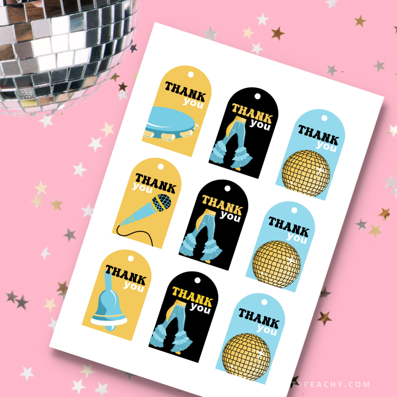 Mamma Mia  party thank you swing gift tags print outs1970s seventies 70's disco ball karaoke  printable template digital instant download edit Donna and the dynamos DIY custom musical movie design hand drawn fan art modern color themed bachelorette birthday charity fundraiser event fun 