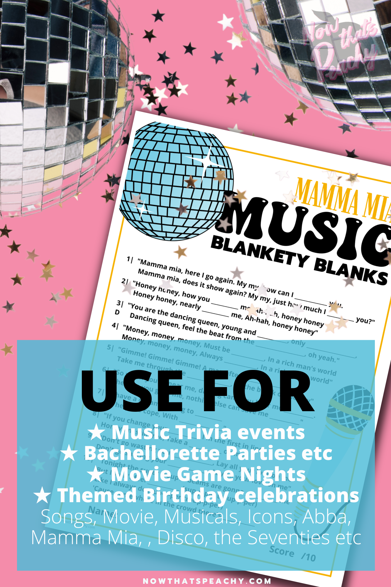 Mamma Mia blank music answer quiz question game 1970s flared denim pants seventies 70's disco ball karaoke  printable template digital instant download edit Donna and the dynamos invite edit custom musical movie design black white modern color fun themed bachelorette birthday charity event activity