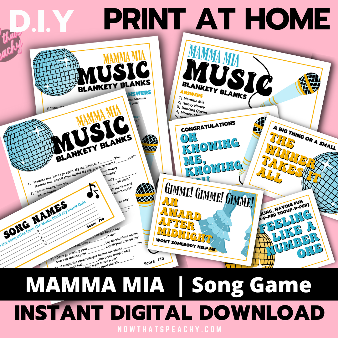 Mamma Mia blank music answer quiz question game 1970s flared denim pants seventies 70's disco ball karaoke  printable template digital instant download edit Donna and the dynamos invite edit custom musical movie design black white modern color fun themed bachelorette birthday charity event activity