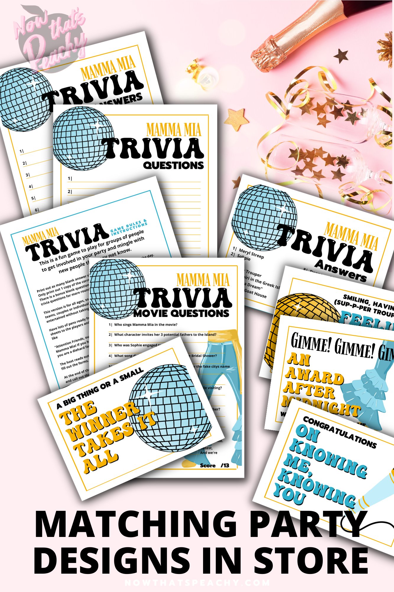 Mamma Mia blank music answer quiz question game 1970s flared denim pants seventies 70's disco ball karaoke  printable template digital instant download edit Donna and the dynamos invite edit custom musical movie design black white modern color fun themed bachelorette birthday charity event activity