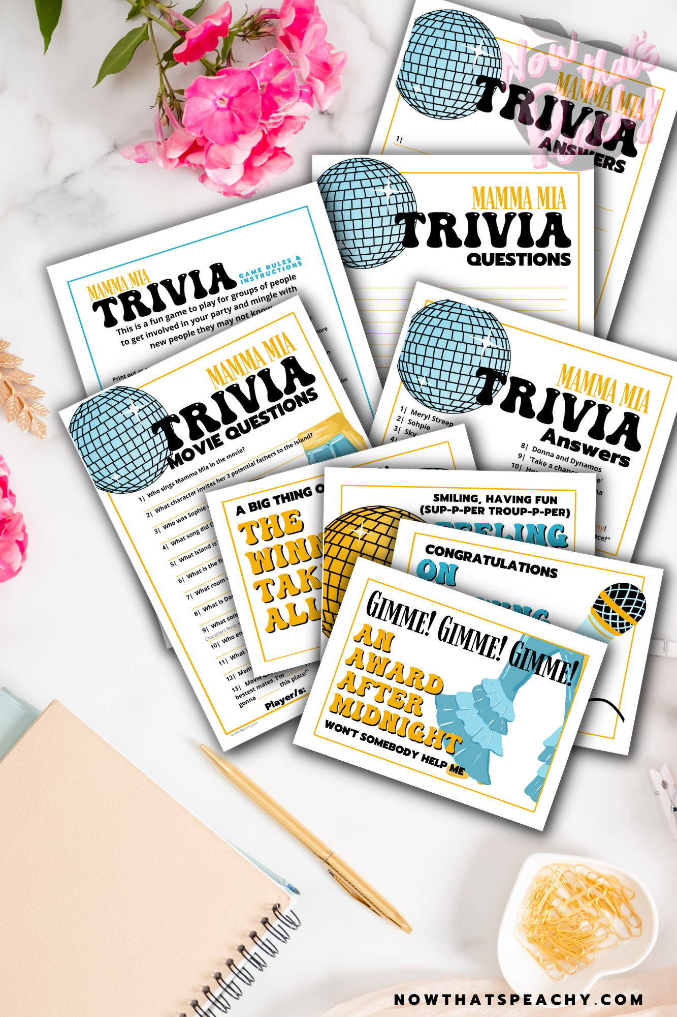 Mamma Mia party bundle discount pack invite decorations props games 1970s seventies 70's disco ball karaoke  printable template digital instant download edit Donna and the dynamos DIY custom musical movie design hand drawn fan art modern color themed bachelorette birthday charity fundraiser event fun 