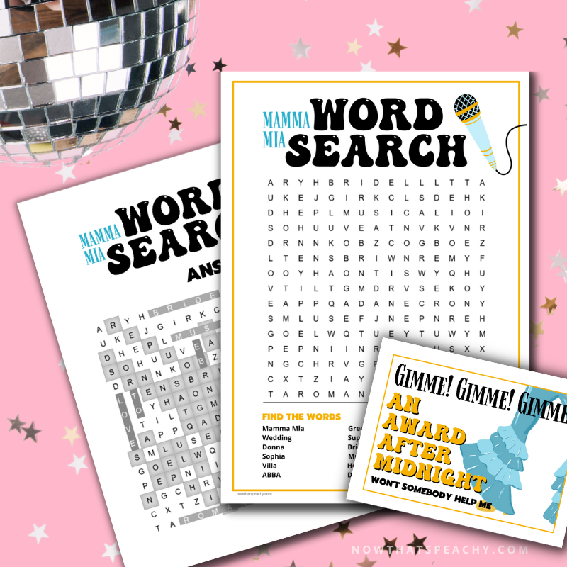 Mamma Mia word search quiz question game 1970s flared denim pants seventies 70's disco ball karaoke  printable template digital instant download edit Donna and the dynamos invite edit custom musical movie design black white modern color fun themed bachelorette birthday charity event activity