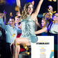 Mamma Mia itinerary getaway 1970s flared denim pants seventies 70's disco ball microphone karaoke studio 54 editable canva printable template digital instant download edit sophie Donna and the dynamos invite edit custom musical movie design gold blue white modern color fun themed bachelorette event 