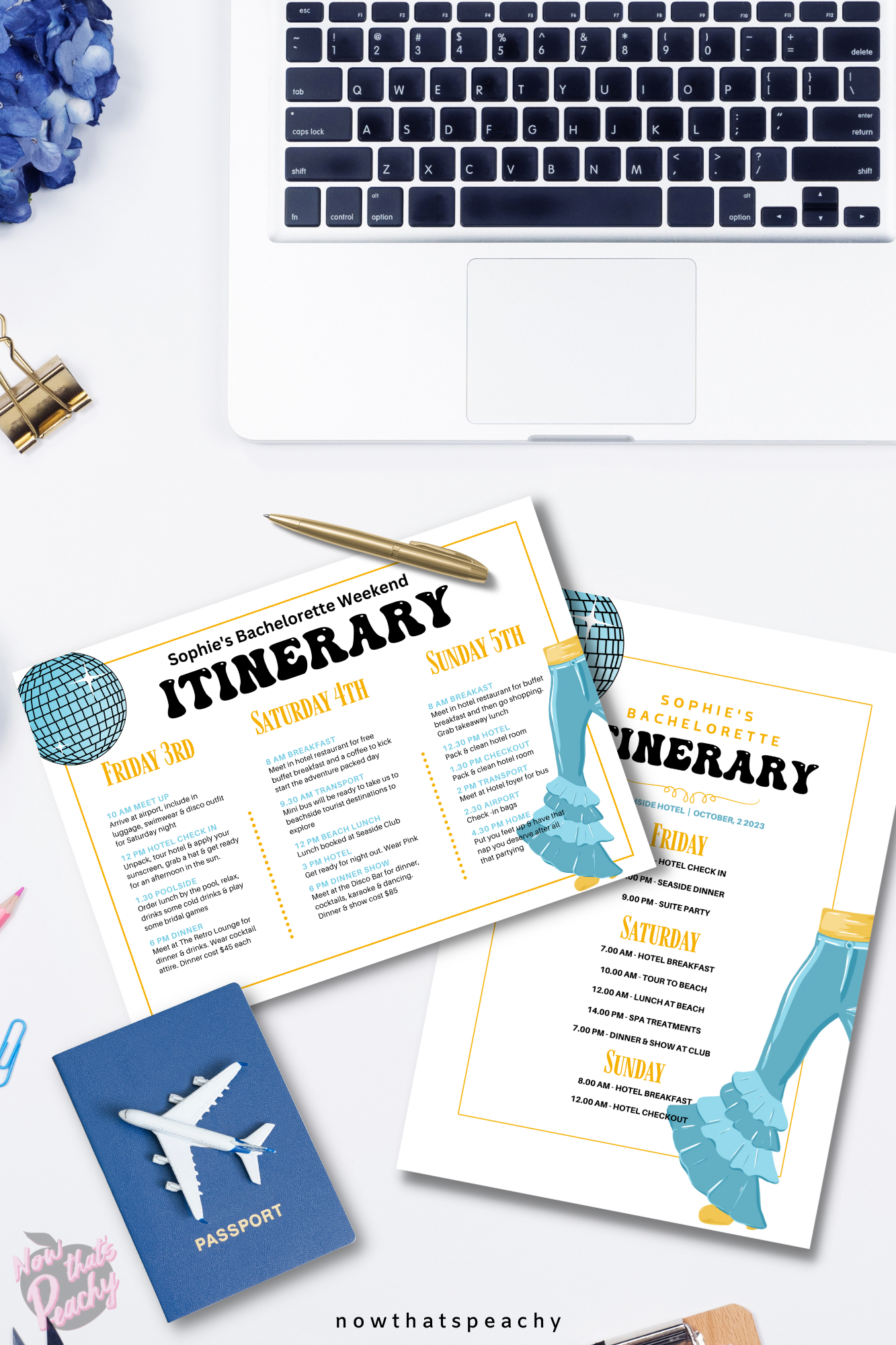 Mamma Mia itinerary getaway 1970s flared denim pants seventies 70's disco ball microphone karaoke studio 54 editable canva printable template digital instant download edit sophie Donna and the dynamos invite edit custom musical movie design gold blue white modern color fun themed bachelorette event 