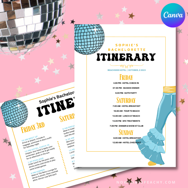 Mamma Mia itinerary getaway 1970s flared denim pants seventies 70's disco ball microphone karaoke studio 54 editable canva printable template digital instant download edit sophie Donna and the dynamos invite edit custom musical movie design gold blue white modern color fun themed bachelorette event 
