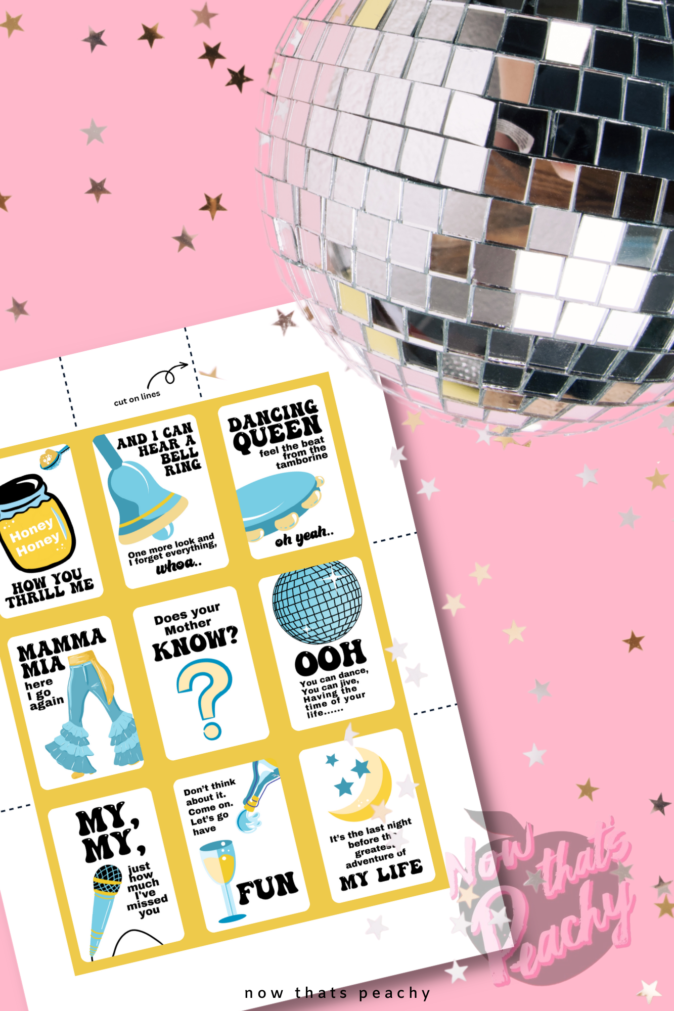 Mamma Mia party bundle discount pack invite decorations props games 1970s seventies 70's disco ball karaoke  printable template digital instant download edit Donna and the dynamos DIY custom musical movie design hand drawn fan art modern color themed bachelorette birthday charity fundraiser event fun 