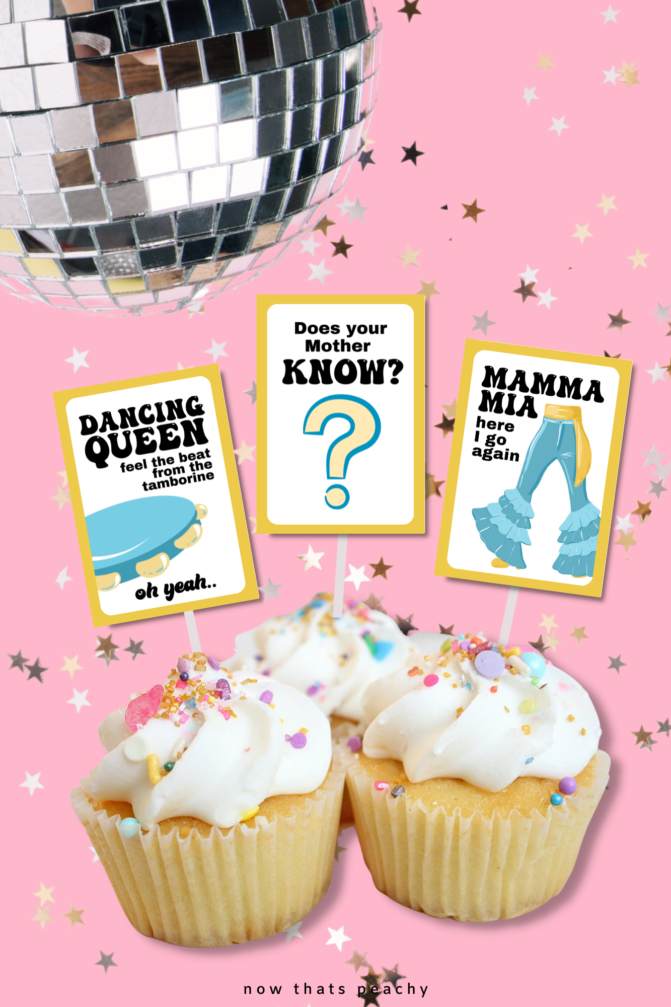 Mamma Mia  party cupcake cake favor sticker decorations decor print outs1970s seventies 70's disco ball karaoke  printable template digital instant download edit Donna and the dynamos DIY custom musical movie design hand drawn fan art modern color themed bachelorette birthday charity fundraiser event fun 