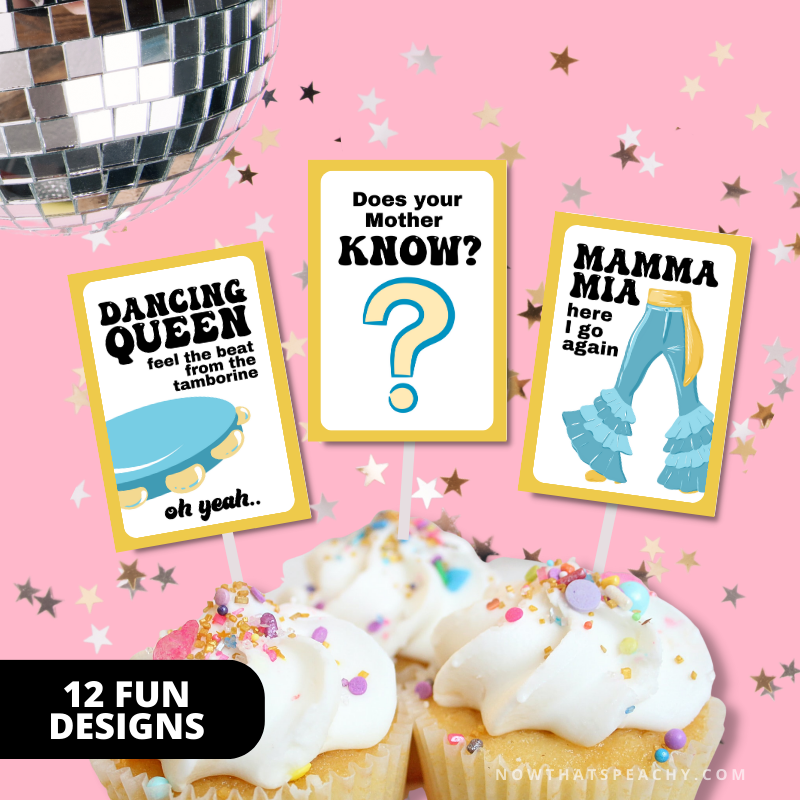 Mamma Mia  party cupcake cake favor sticker decorations decor print outs1970s seventies 70's disco ball karaoke  printable template digital instant download edit Donna and the dynamos DIY custom musical movie design hand drawn fan art modern color themed bachelorette birthday charity fundraiser event fun 