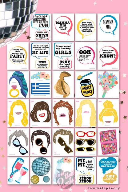 Mamma Mia photobooth props photo booth character decorations decor print outs1970s seventies 70's disco ball karaoke  printable template digital instant download edit Donna and the dynamos DIY custom musical movie design hand drawn fan art modern color themed bachelorette birthday charity fundraiser event fun