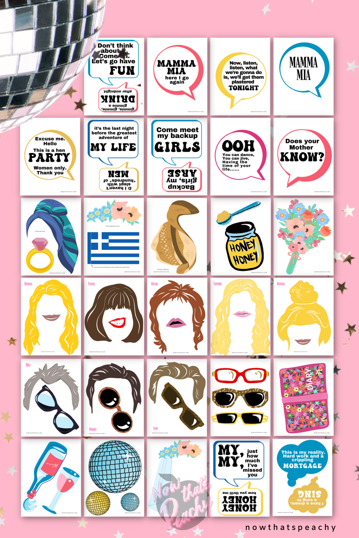 Mamma Mia theme Photo booth PRINTABLES Props Movie themed signs for Bi ...