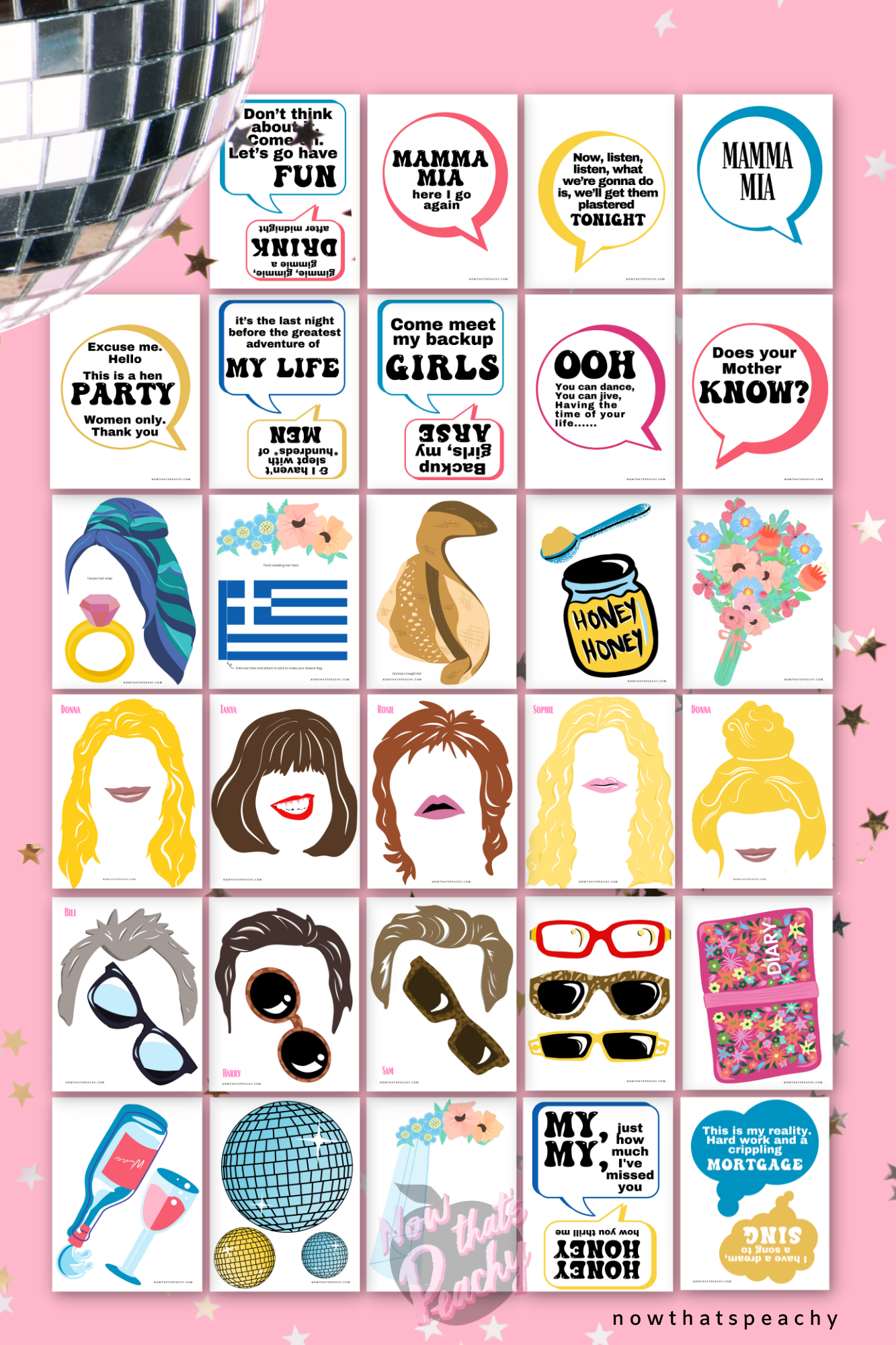 Mamma Mia party bundle discount pack invite decorations props games 1970s seventies 70's disco ball karaoke  printable template digital instant download edit Donna and the dynamos DIY custom musical movie design hand drawn fan art modern color themed bachelorette birthday charity fundraiser event fun 