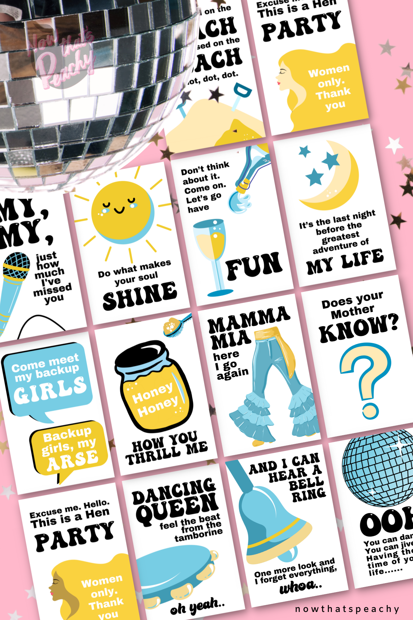 Mamma Mia posters party photobooth photo booth character decorations decor print outs1970s seventies 70's disco ball karaoke  printable template digital instant download edit Donna and the dynamos DIY custom musical movie design hand drawn fan art modern color themed bachelorette birthday charity fundraiser event fun