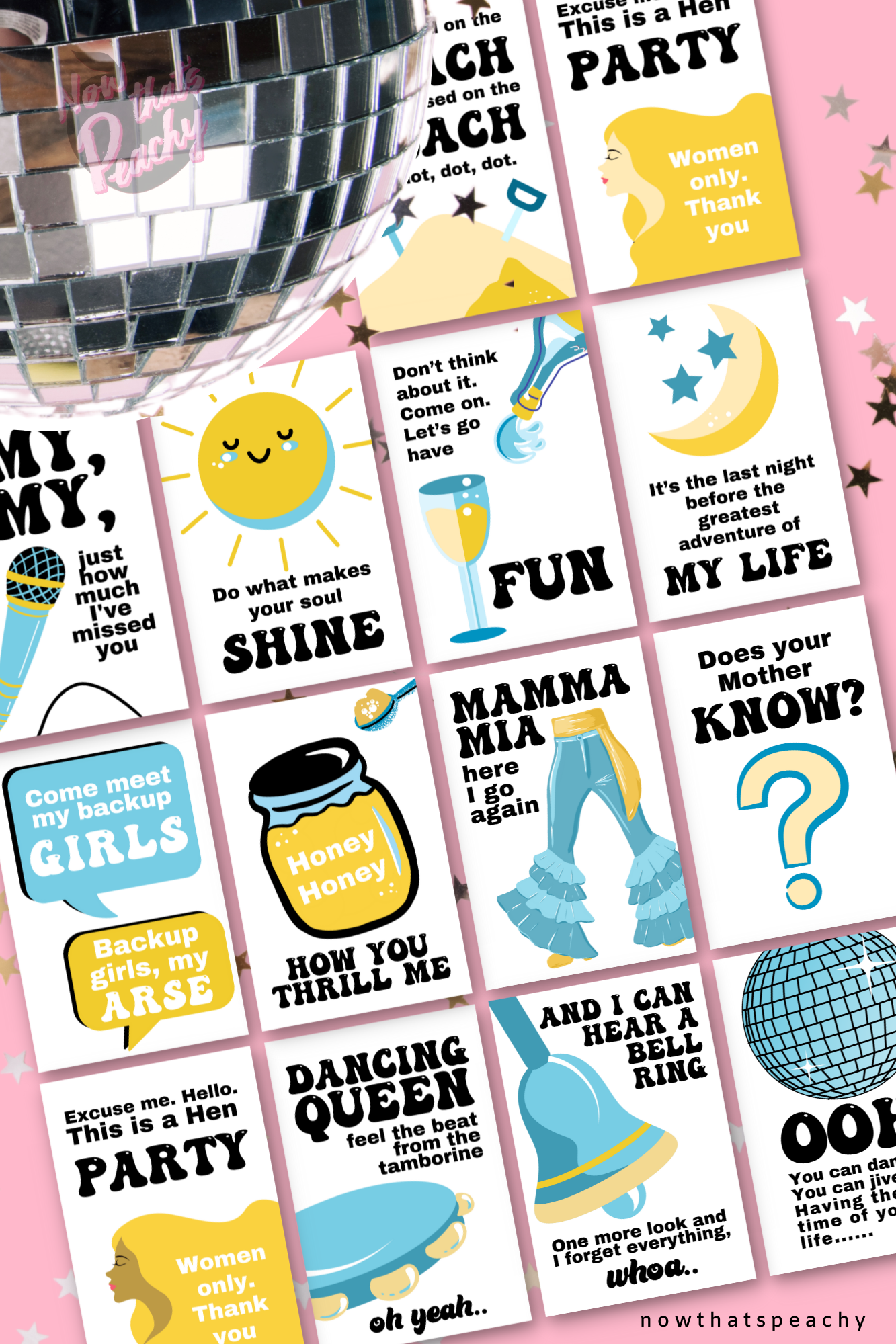 Mamma Mia party bundle discount pack invite decorations props games 1970s seventies 70's disco ball karaoke  printable template digital instant download edit Donna and the dynamos DIY custom musical movie design hand drawn fan art modern color themed bachelorette birthday charity fundraiser event fun 