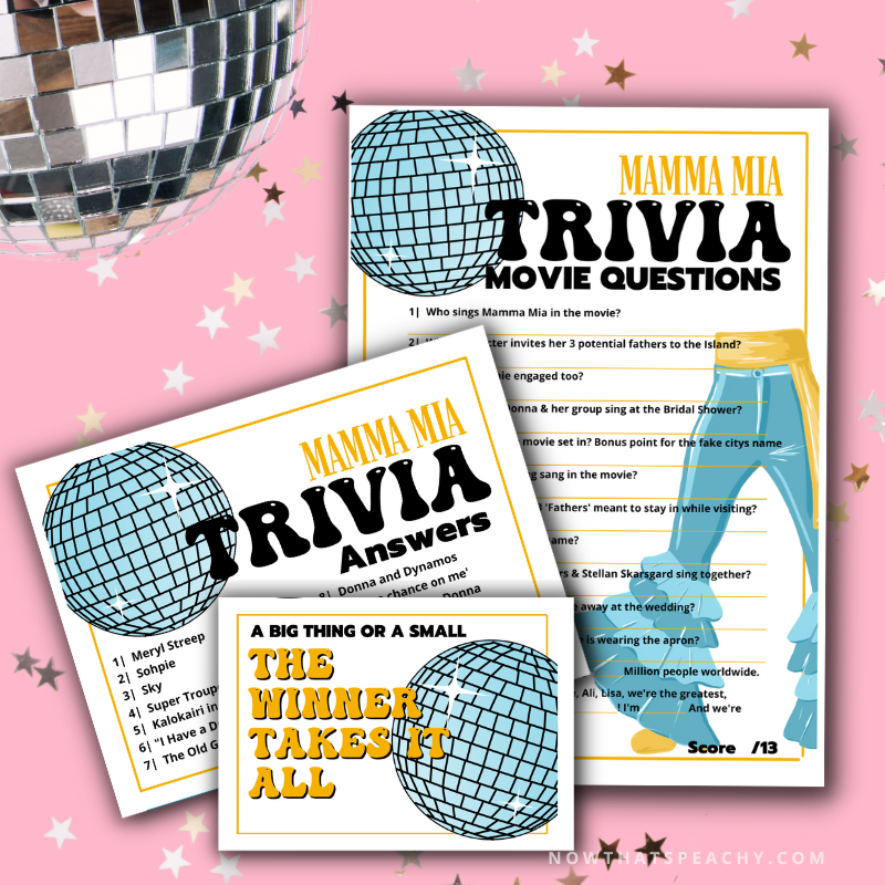 Mamma Mia trivia quiz question game 1970s flared denim pants seventies 70's disco ball karaoke  printable template digital instant download edit Donna and the dynamos invite edit custom musical movie design black white modern color fun themed bachelorette birthday charity event activity