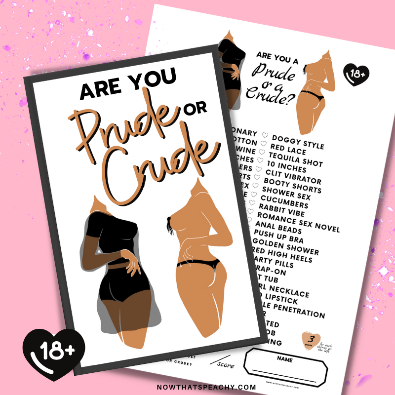are you a  prude or crude game printable instant download bachelorette hens party night games idea naughty adults sex rude funny guest quiz. This or that style game for your friends, bestie or guests to play over wine and dinner. buy, save, print, send and play by nowthatspeachy