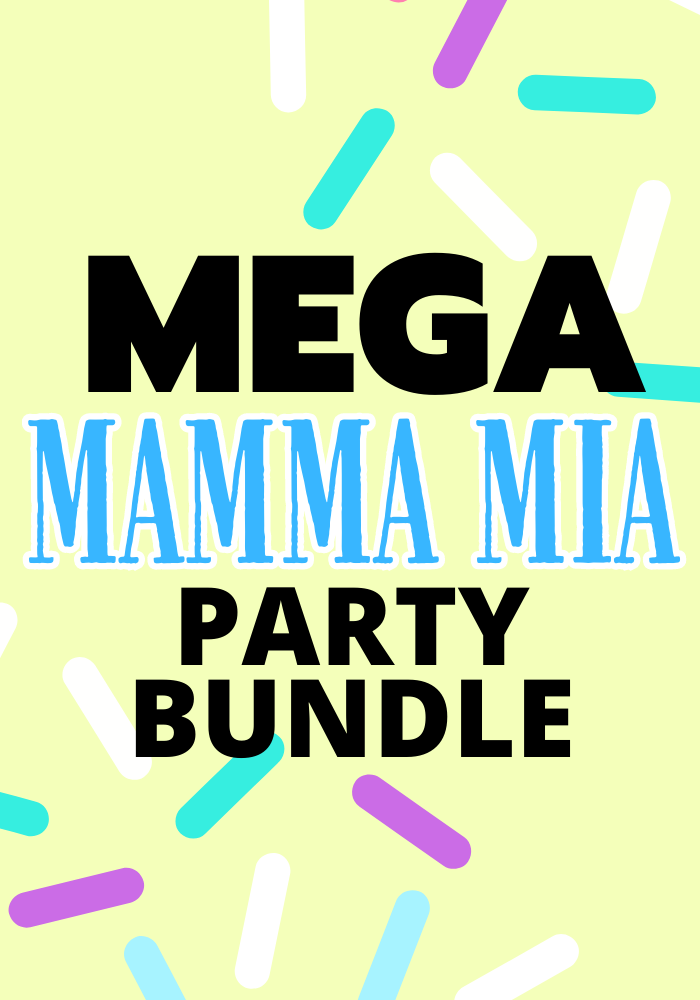 Mamma Mia party bundle discount pack invite decorations props games 1970s seventies 70's disco ball karaoke  printable template digital instant download edit Donna and the dynamos DIY custom musical movie design hand drawn fan art modern color themed bachelorette birthday charity fundraiser event fun 