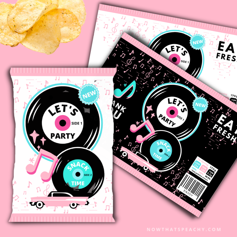 Rock'n'Roll 1950s Chip Food Packet Bags Printable, Party favor template, Diner 50s fifties grease greaser soda hop theme, treat music packaging