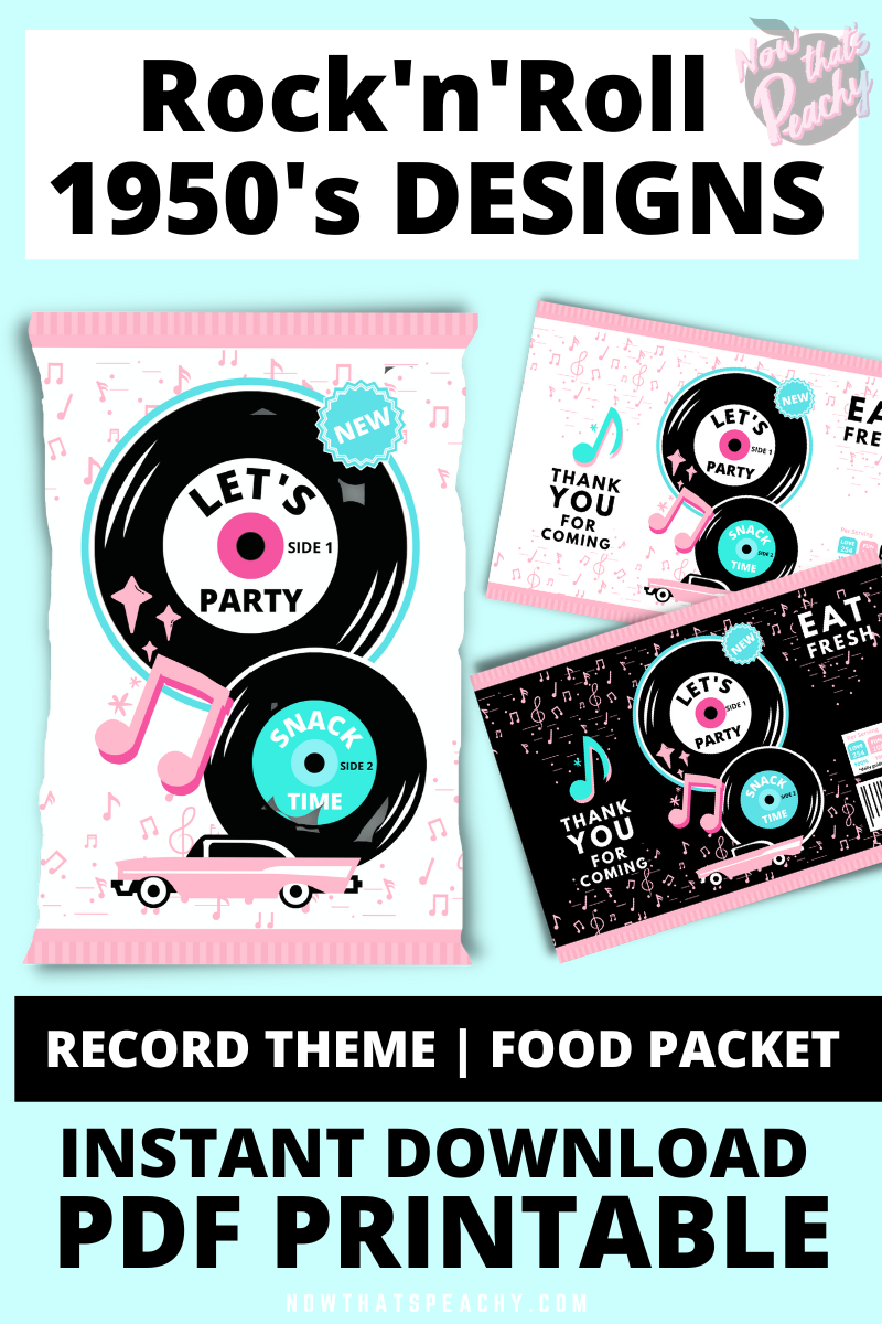 Rock'n'Roll 1950s Chip Food Packet Bags Printable, Party favor template, Diner 50s fifties grease greaser soda hop theme, treat music packaging