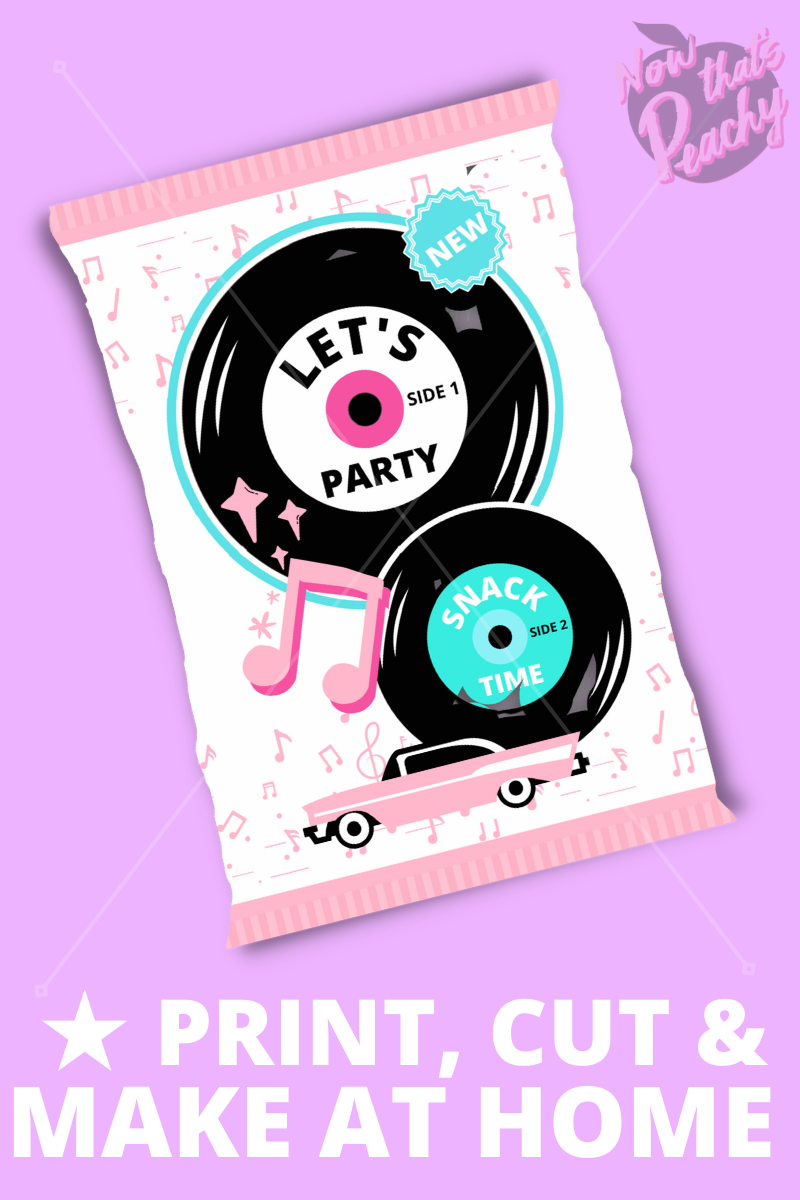 Rock'n'Roll 1950s Chip Food Packet Bags Printable, Party favor template, Diner 50s fifties grease greaser soda hop theme, treat music packaging