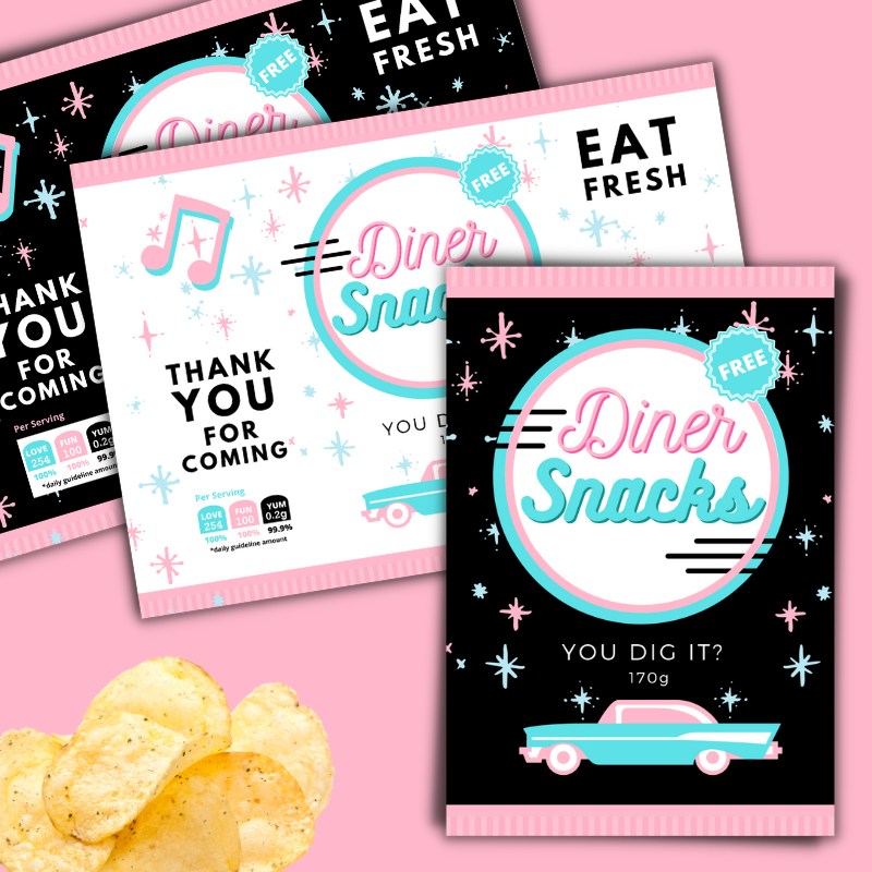 diner snacks 50s chip candy packet food packaging design party favor decorations printable instant download 