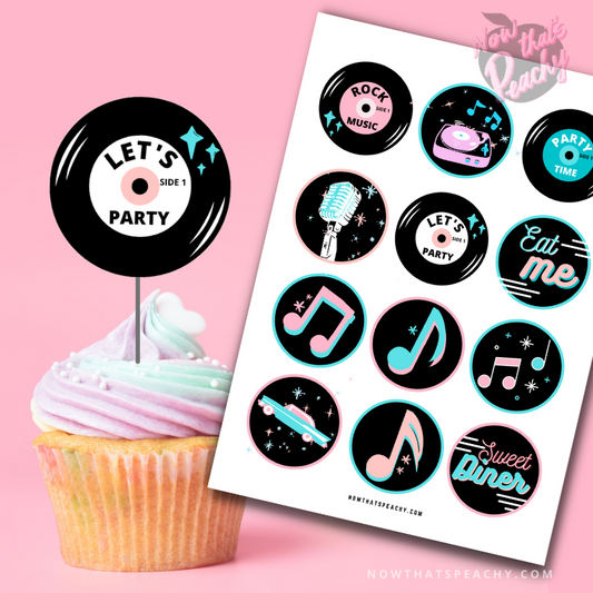 diner cupcake party food circle tooppers decorations printable instant download 