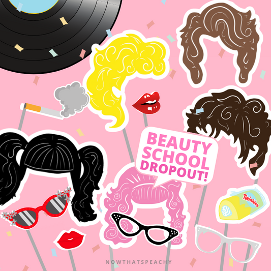 Grease Movie party character photobooth props photo booth decorations decor photobooth template decorations 1950s fifties 50's printable template digital instant download edit Sandy Pink Ladies rizzo frenchie  invite soda hop jukebox rockabilly rock'n'roll musical movie design pink black white modern color fun themed bachelorette birthday charity fundraiser event pack